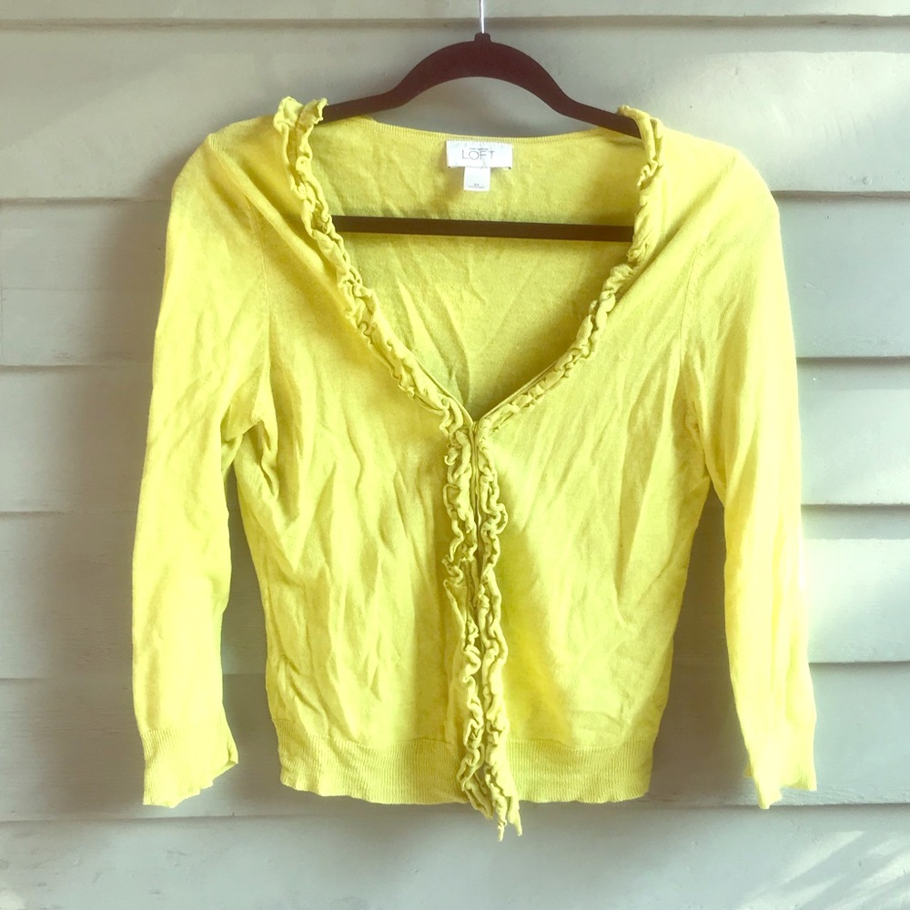 LOFT bright green ruffle front sweater